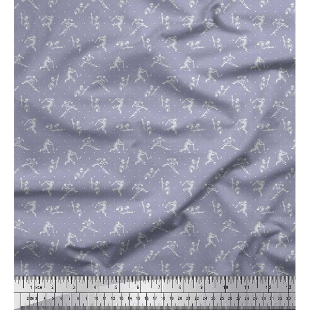 Soimoi Poly Georgette Fabric Dot,Cricket Player & Bat Sports Fabric Prints by Yard 42 Inch Wide