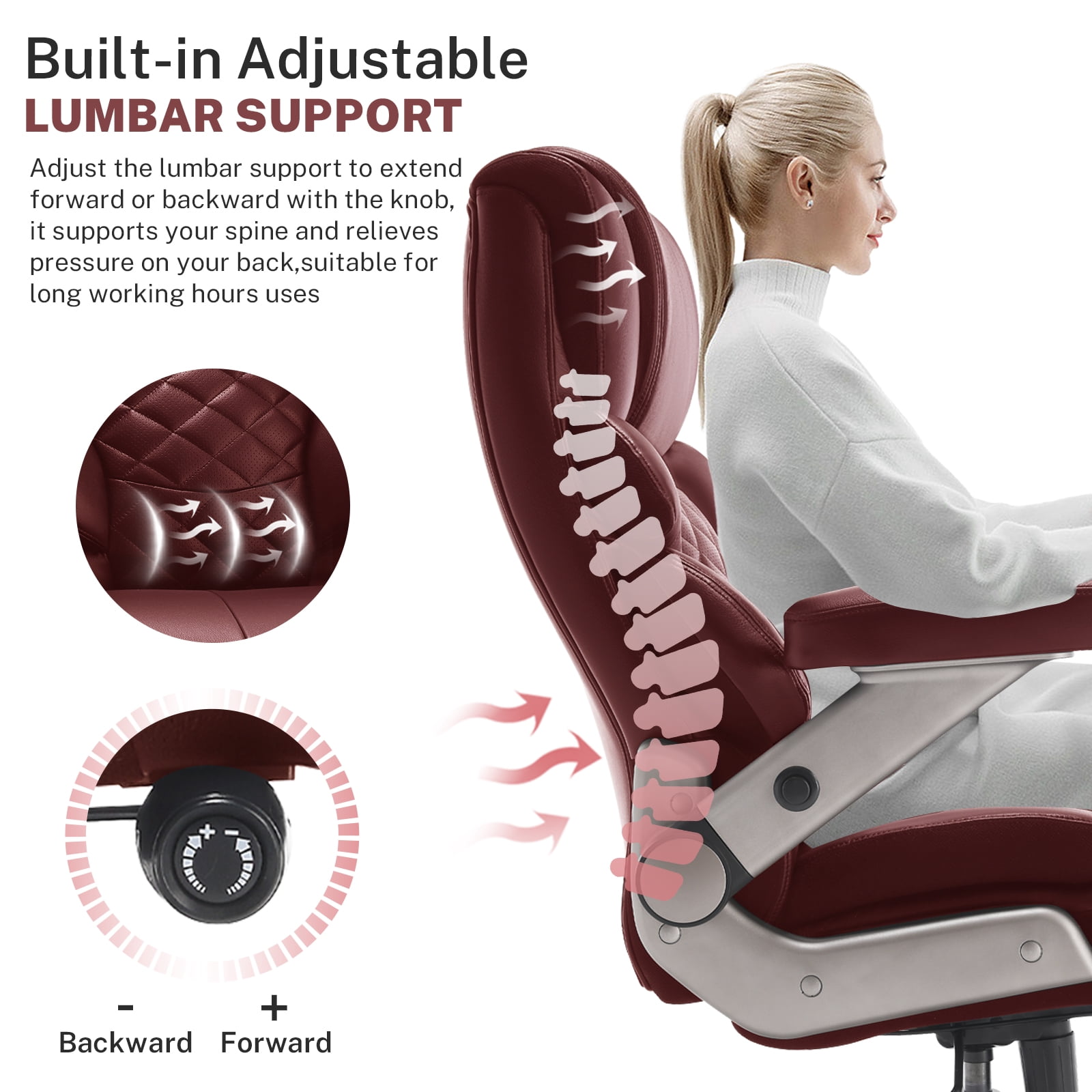 WOSDOM Big and Tall Office Chair 700lbs, Large High Back Executive Chair with Extra Wide Seat, Heavy Duty Rocking Computer Chair, 3D Flip Arms, Adjustable Lumbar Support, Burgendy