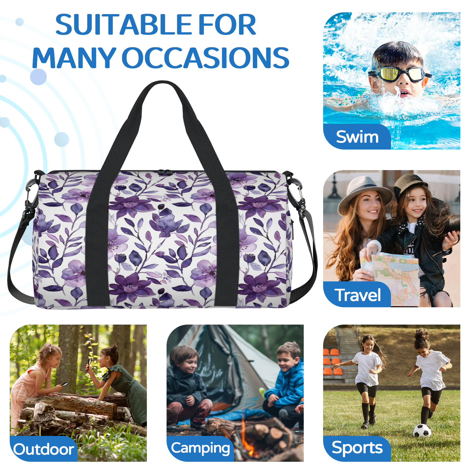 Herdesigns Purple Floral Travel Duffle Bag Sports Yoga Weekender Overnight Carry on Workout Bags Lightweight Waterproof Gym Tote Bag for Women