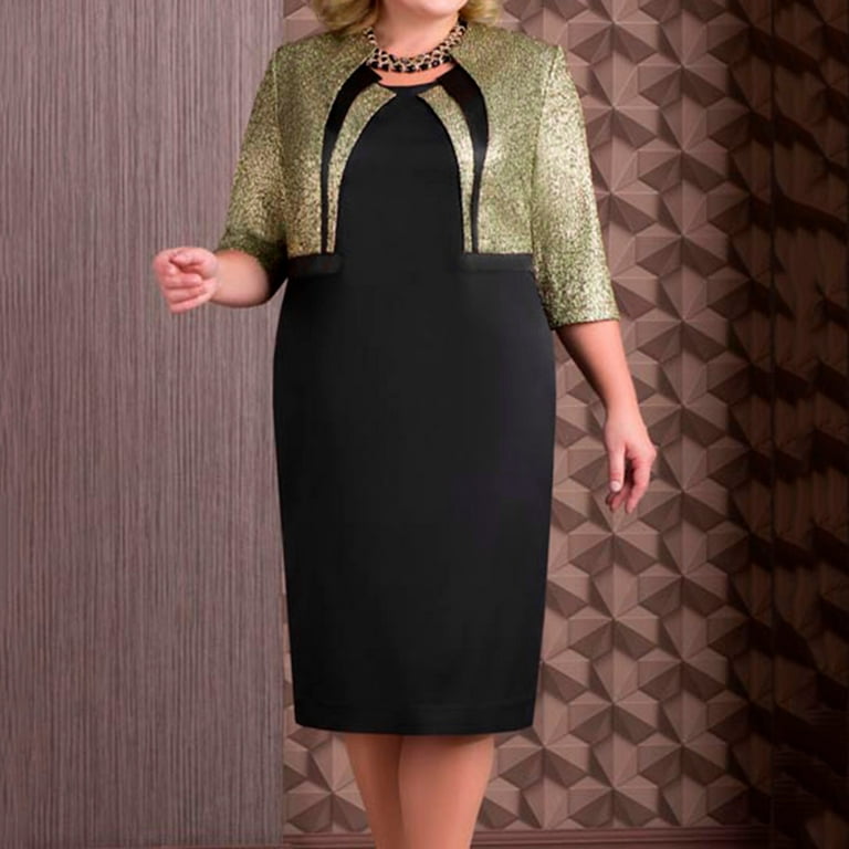 Women Plus Size Elegant Formal Dress Vintage Short Midi Dress Ladies  Evening Pullover Party Dress Sequins Tops+ Pullover Mid Dress Note Please  Buy One Or Two Sizes Larger 