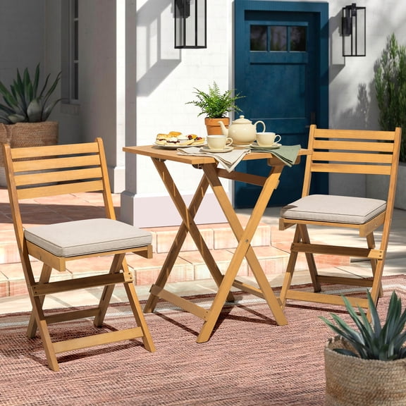 Nuu Garden Acacia Wood 3-Piece Outdoor Bistro Set, Patio Table and Folding Chairs Set of 2, Small Balcony Furniture with Removable Cushions, All-Weather Bistro Patio Set, Natural
