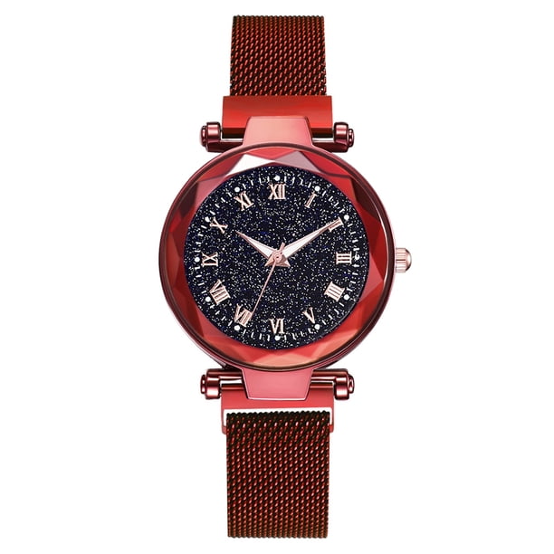 Reloj de pulsera de cuarzo con correa de malla y esfera redonda para mujer (rojo)