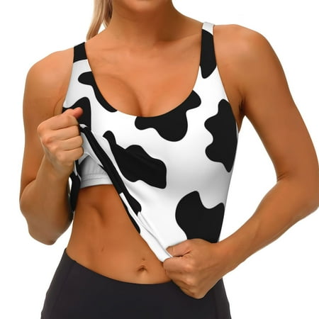 Qokaie Milk Cow Pattern Womens Scoop Neck Sports Bra Breathable Workout Vest Padded U Back Medium Impact Fitness Gym Yoga Bra Workout Crop Top