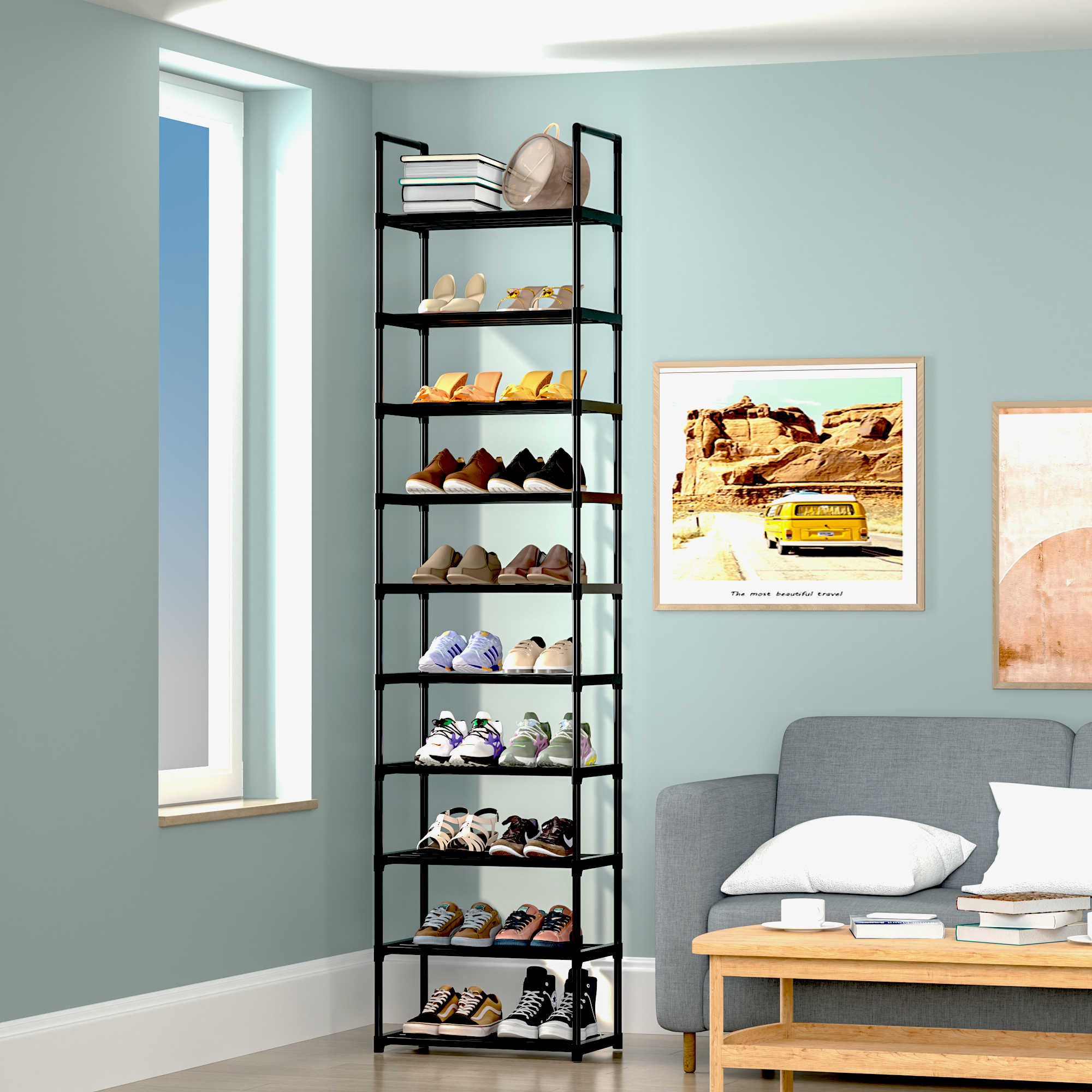10 Tier Tall Shoe Rack, Sturdy Narrow Metal Shoe Rack Organizer for 20-25 Pairs, Save Space Shoe Racks for Closets, Bedroom, Garage, Bathroom, Large Capacity Shoe Shelf