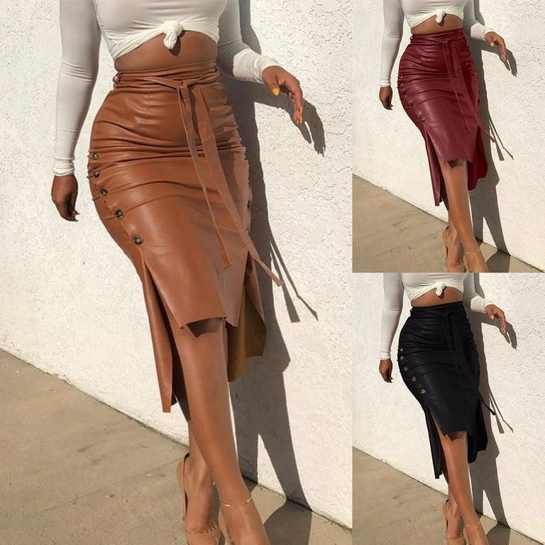 Leather look knee length skirt deals
