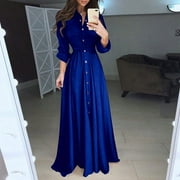 NNHBLU Fashion Women Long Sleeve Solid Dress Buttons Party Bandage Dress s Wedding Guest Dresses for Women Evening Dresses for Women Elegant Navy