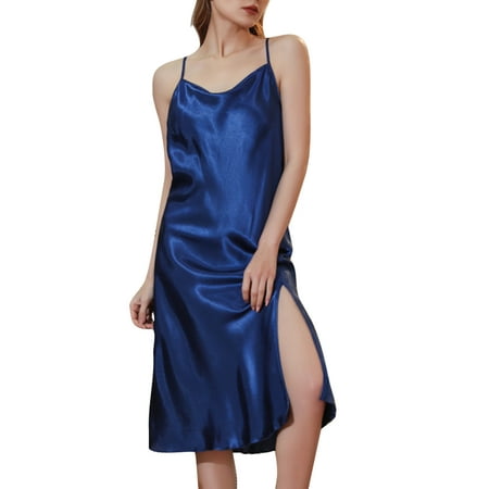 

Capreze Ladies Nightgowns Backless Nightdress Sleeveless Sleep Dress Side Slit Pajama Satin Night Gowns Dark Blue S