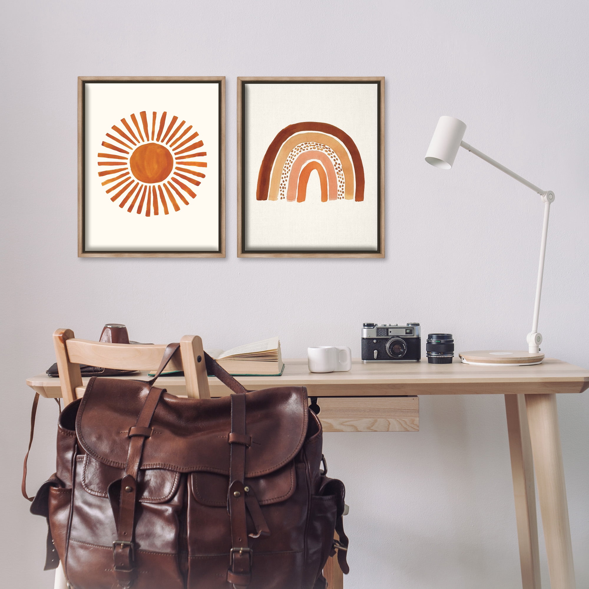 Stupell Industries Orange Sun Patterned Rainbow Boho Landscape Painting Brown Floater Framed Canvas Art Print Wall Art, 17 x 21, Set of 2
