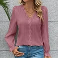 thumbnail image 2 of Women Lace Patchwork Long Sleeve V Neck Shrug Blouses Pleated Ruffled Sleeve Tunic Shirts Casual Tops Red,S, 2 of 6