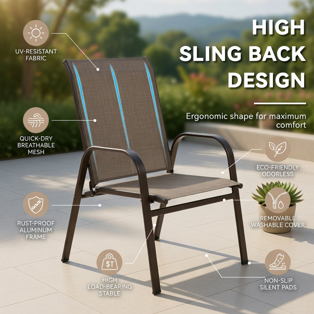 Hommoo 2-Pack Outdoor Patio Dining Chairs with Armrests, Heavy-Duty Steel Frame, Breathable Fabric, for Garden, Poolside & Balcony Use, Gray