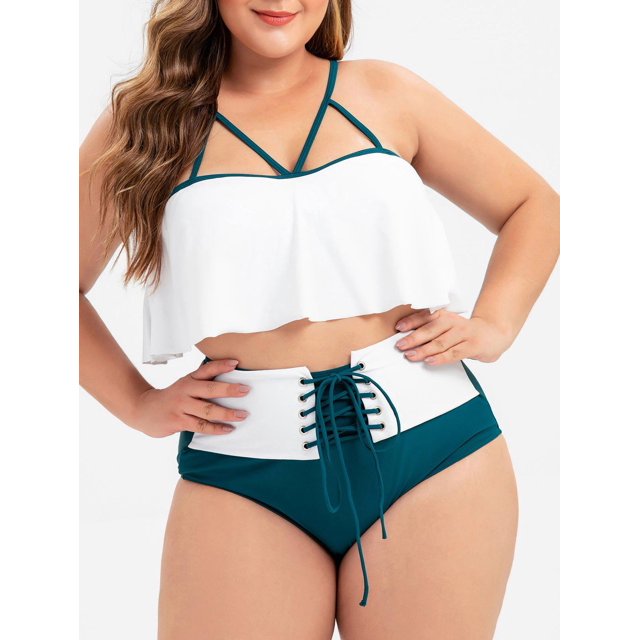 Volante de tiras con cordones más el tamaño de traje de baño bikini Rosegal Abrigos de talla grande