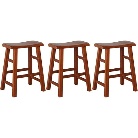 eHemco Heavy-Duty Solid Wood Saddle Seat Kitchen Counter Height Barstools 24 Inches Dark Oak Set of 3