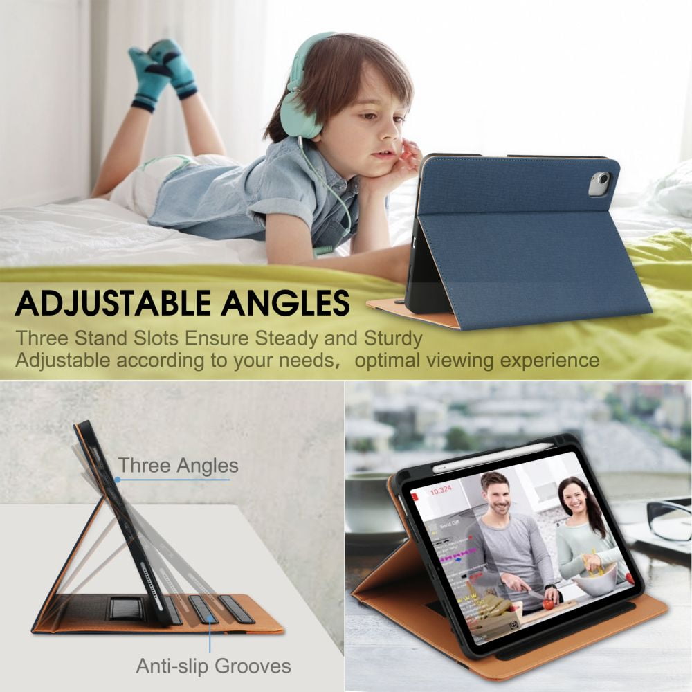 iPad Air 5th/4th Generation Case 2022/2020, iPad Air 10.9 Inch Case Cover with Built-in Pencil Holder and Hand Strap, Auto Sleep/Wake, Multiple Viewing Angles for iPad Air 5/4 Gen, Blue/Brown