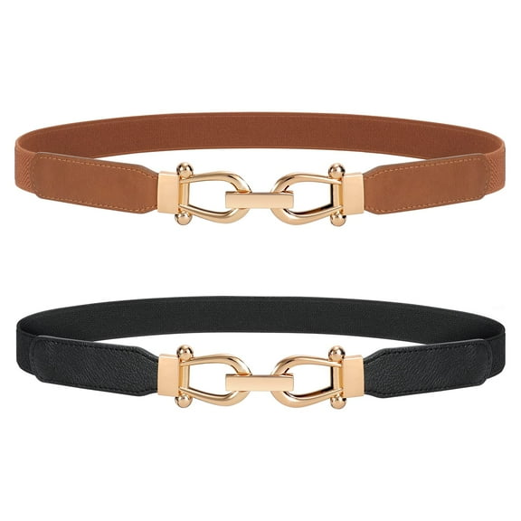 Women Stretchy Waist Belt Retro Elastic Skinny Belt for Ladies with Gold Buckle