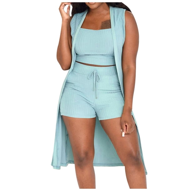2025 Conjunto de 3 piezas para mujer: abrigo sin mangas acanalado, chaleco y pantalones cortos, color liso, ropa informal/de fiesta, tallas S-XXL
