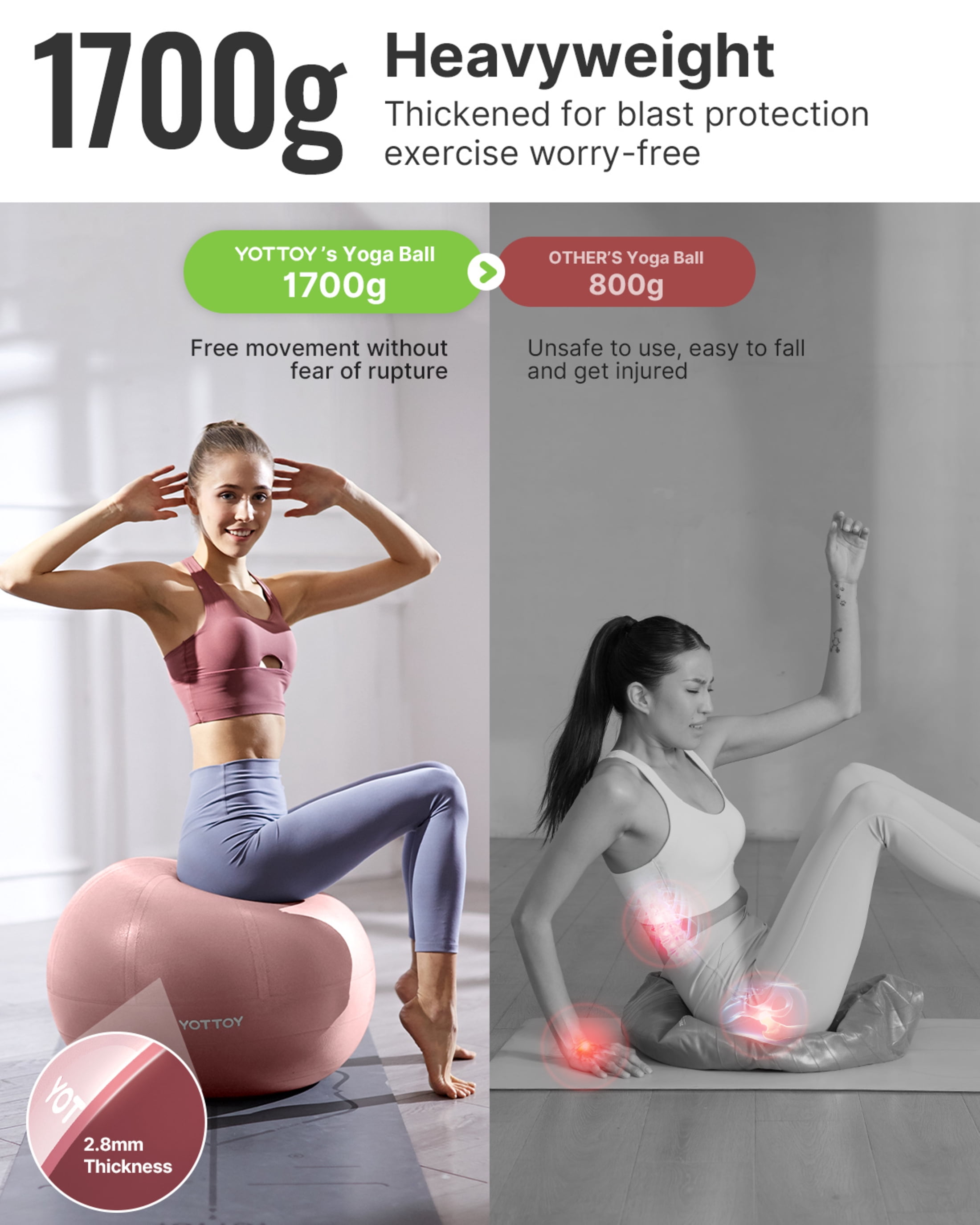 YOTTOY Anti-Burst Exercise Ball, 55 cm — Pink, Extra Thick for Yoga & Physical Therapy