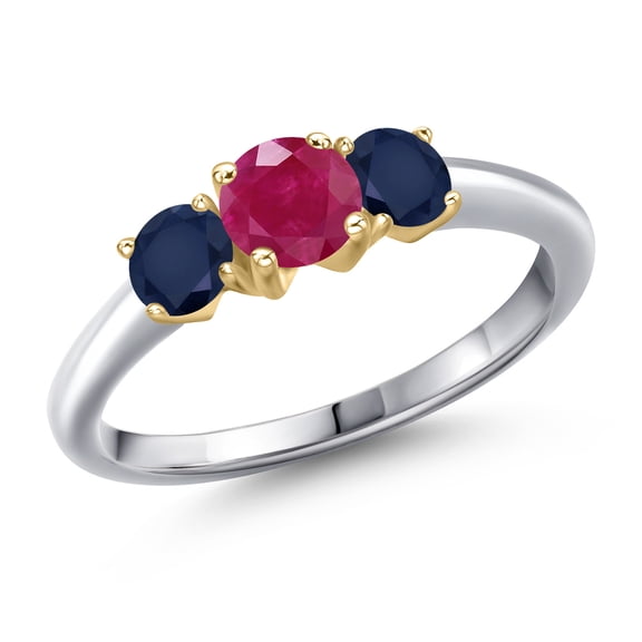 Gem Stone King 10K Two Tone Gold Red Ruby and Blue Sapphire Engagement Ring for Women | 1.25 Cttw | Round 5MM | Gemstone July Birthstone | Size 5
