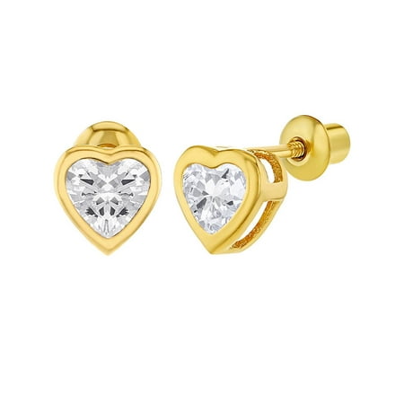 Purple Titanium Earrings - 18k Gold Plated Heart White CZ Screw Back Stud Toddlers Girls Earrings