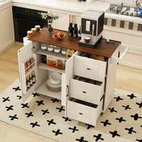 White Kitchen Island Cart with Foldable Tabletop & Drop Leaf - Mobile Breakfast Bar on Wheels with Wood Top and Storage