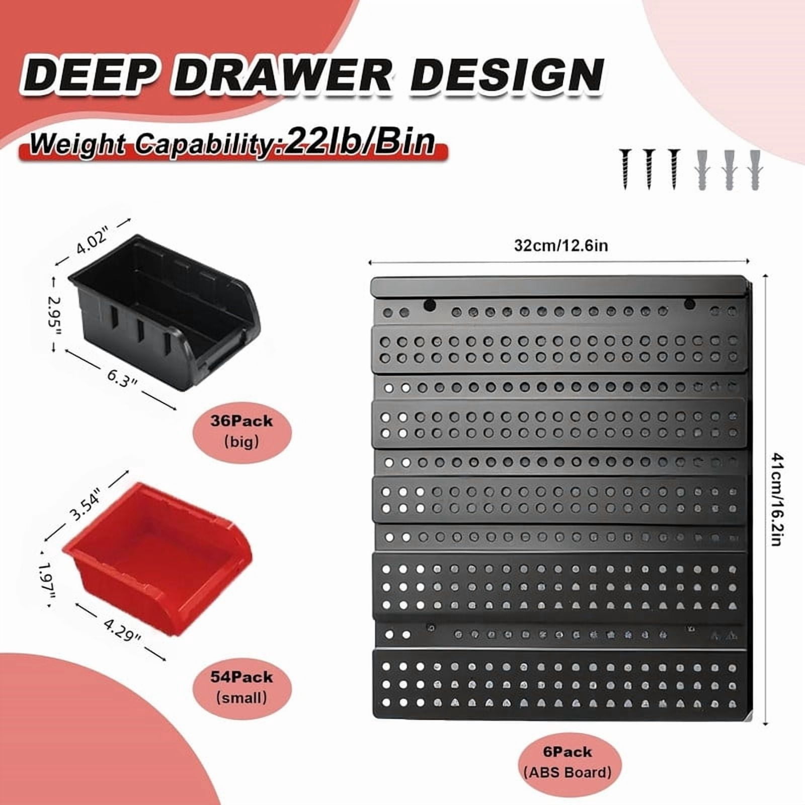 90 Pcs Wall Mounted Storage Bins, Plastic Adjustable Hardware Organizer for Garage, Workshop Wall Storage Rack
