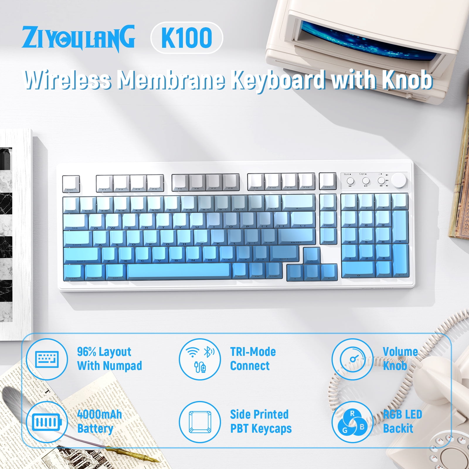 ZIYOU LANG K100 90% Wireless Gaming Keyboard, Tri-Mode Bluetooth/2.4GHz/USB-C, RGB Backlit, Number Pad, for PC/Mac, Blue Creamy