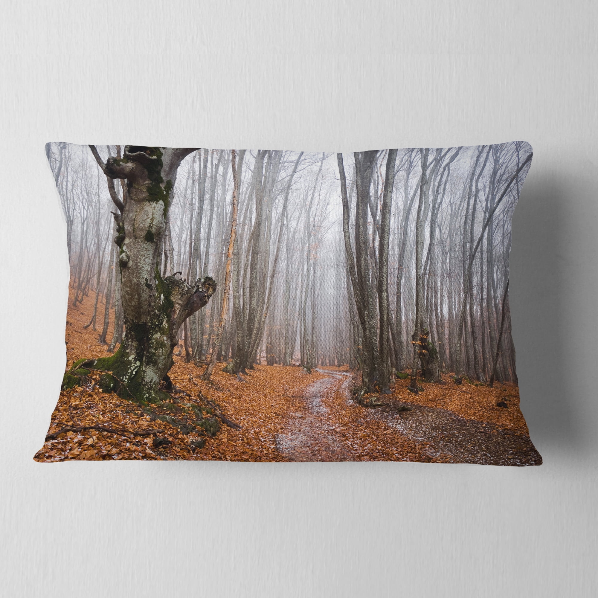 Designart Road Covered by Fallen Leaves - Modern Forest Throw Pillow - 12x20