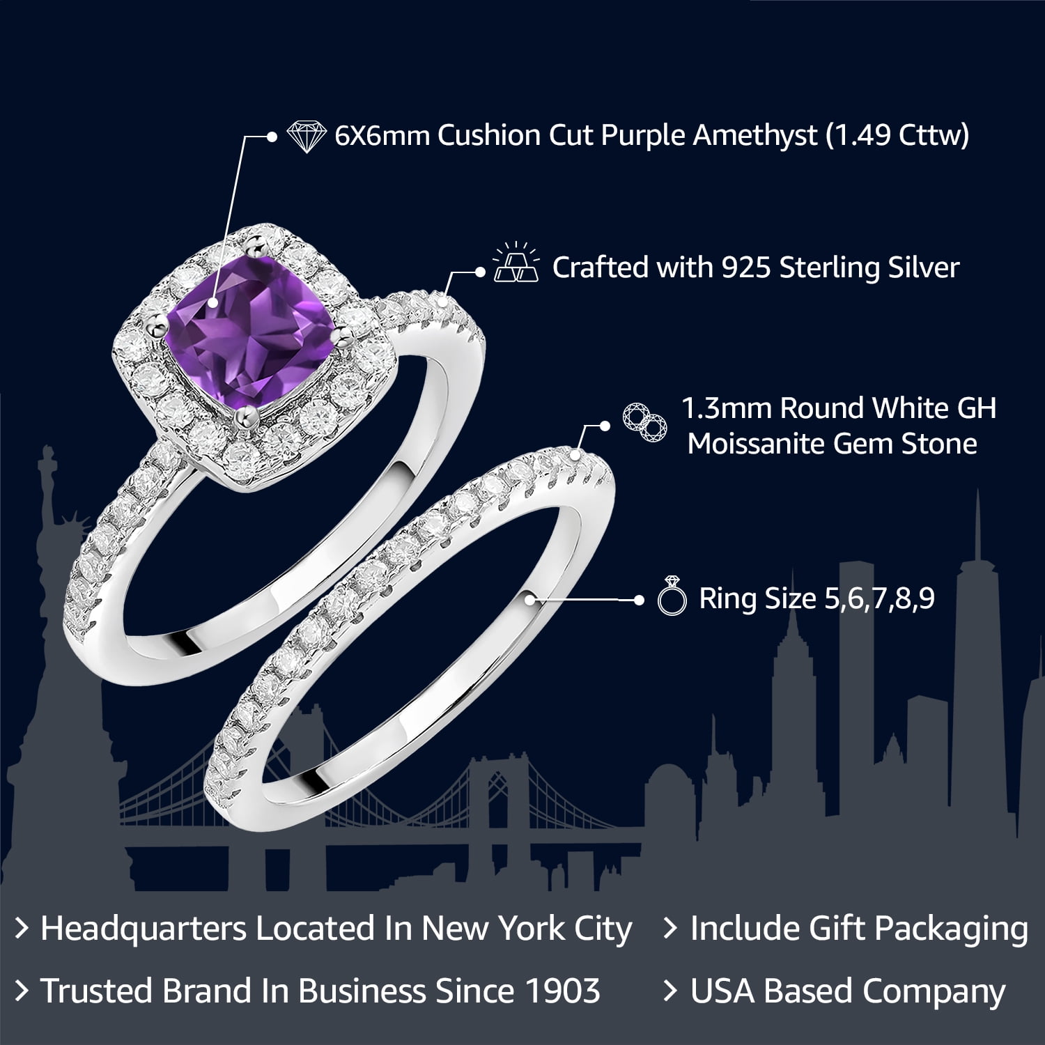 Gem Stone King 925 Sterling Silver Purple Amethyst and White Moissanite Wedding Engagement Ring Band Bridal Set for Women (1.49 Cttw, Cushion 6MM, Available in Size 5, 6, 7, 8, 9)