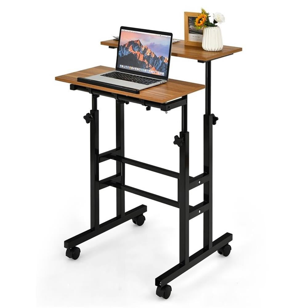 Pemberly Row MDF and Steel Adjustable Rolling Mobile Standing Desk in Walnut