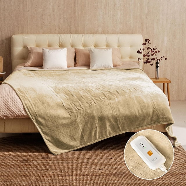 TEMOGU-Heated Blanket Full 72"x84" - ETL&FCC Certified Flannel Electric Blanket Throw Machine Washable Heating Blanket with 4 Heating Levels 10 Hours Auto-Off Overheating Protection (Camel)