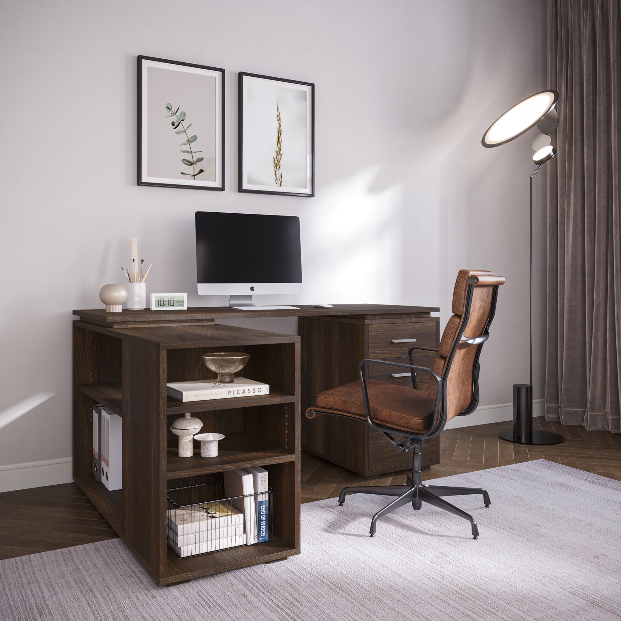 BELLEZE Trition L Shaped Computer Desk Home Office Corner Desk With Open Shelves And Drawers, Dark Walnut