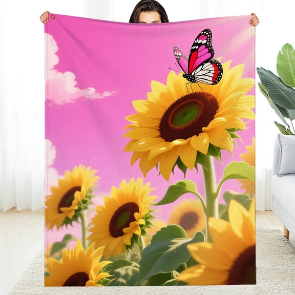 RKSupls Sunflower with Pink Cloud and Butterfly Soft Flannel Fleece Blanket, All-Season Comfort Fuzzy Bedding Blanket for the Couch, Soft Throw for Couch, Travel, Camping