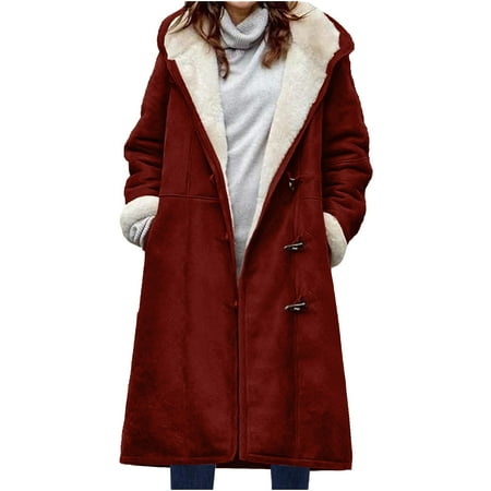 Aboser Plus Size Winter Coats for Women Warm Sherpa Fleece Lined Distressed Jackets Button Down Hooded Parka Faux Suede Pea Coat Outerwear