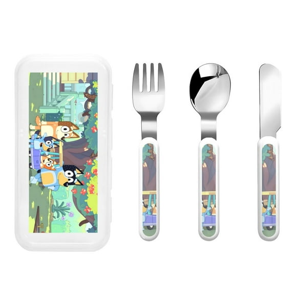 Johaoi Bluey Print Toddler Utensils,Kids Silverware with Silicone Handle Flatware Sets Childrens Safe Flatware Cutlery Set Stainless Steel Cutlery