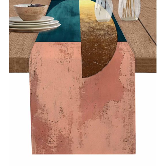 ERUNPONLY Boho Table Runner - 108 Inch Long Modern Abstract Gold Teal Geometric Art Cotton and Linen Blended Dress Scarves Farmhouse Table Runner for Kitchen Dining, Coffee Table, 13"x108"