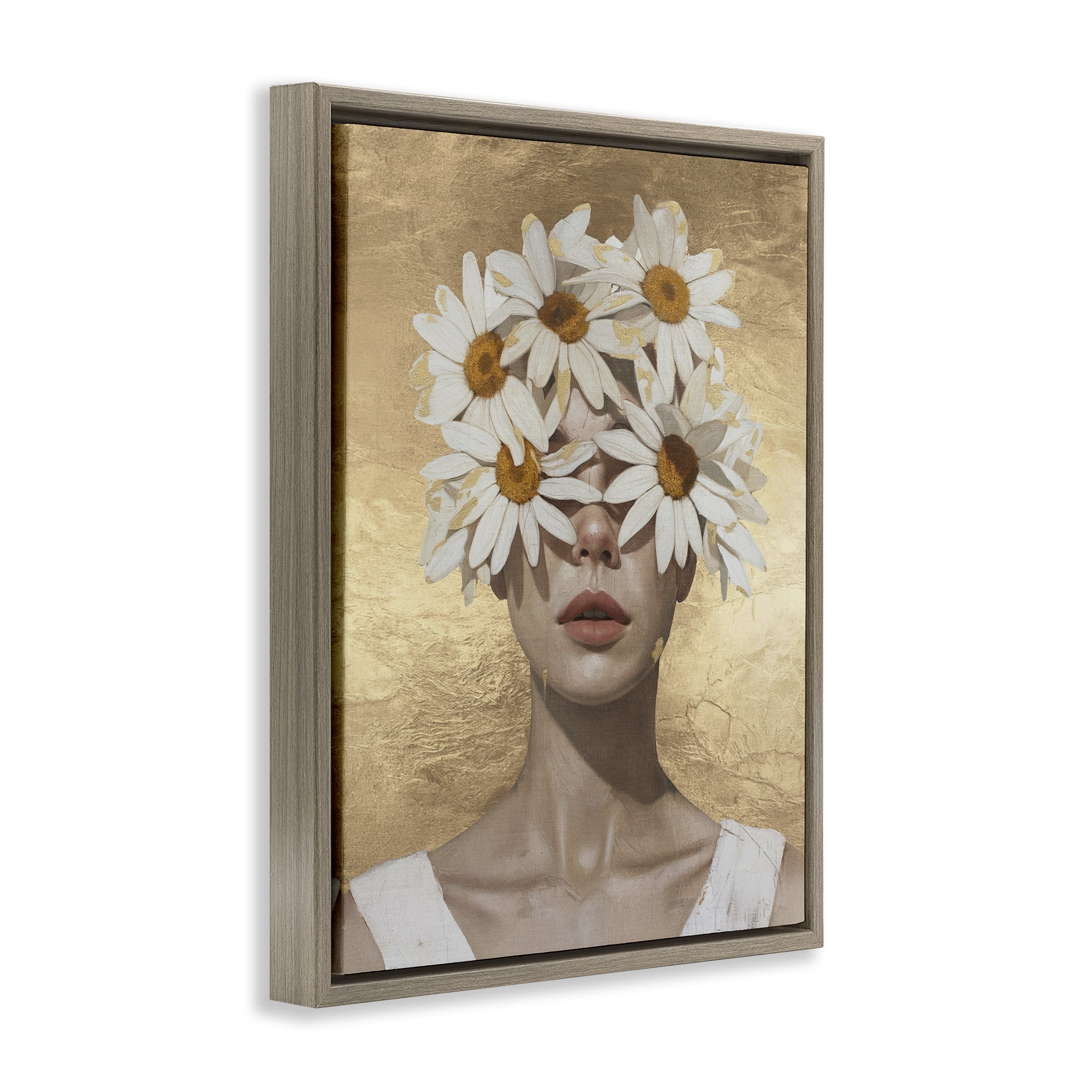 Stupell Industries Daisy Adorned Woman People Painting Brown Floater Framed Canvas Art Print Wall Art, 25 x 31
