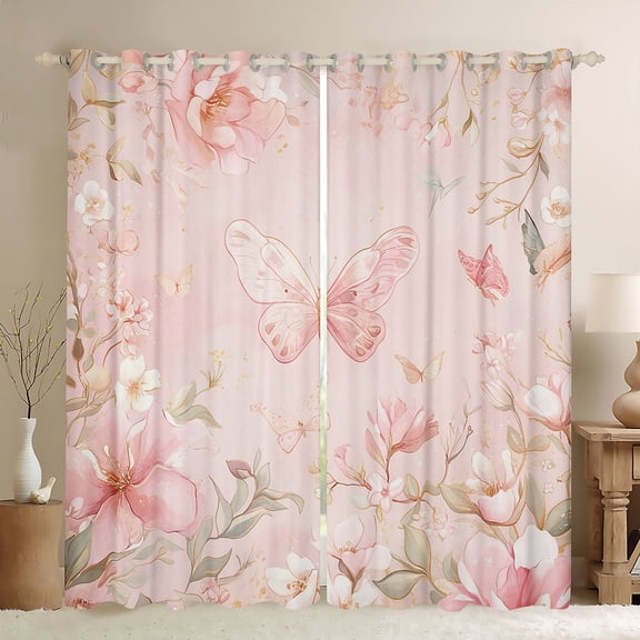 Feelyou Kawaii Butterfly Teens Black Out Curtains, Pink Spring Flower Floral Curtains Pack of 2 (42x63 Each), Fairy Tale Princess Bedroom Curtains, Black Out Curtains Decor