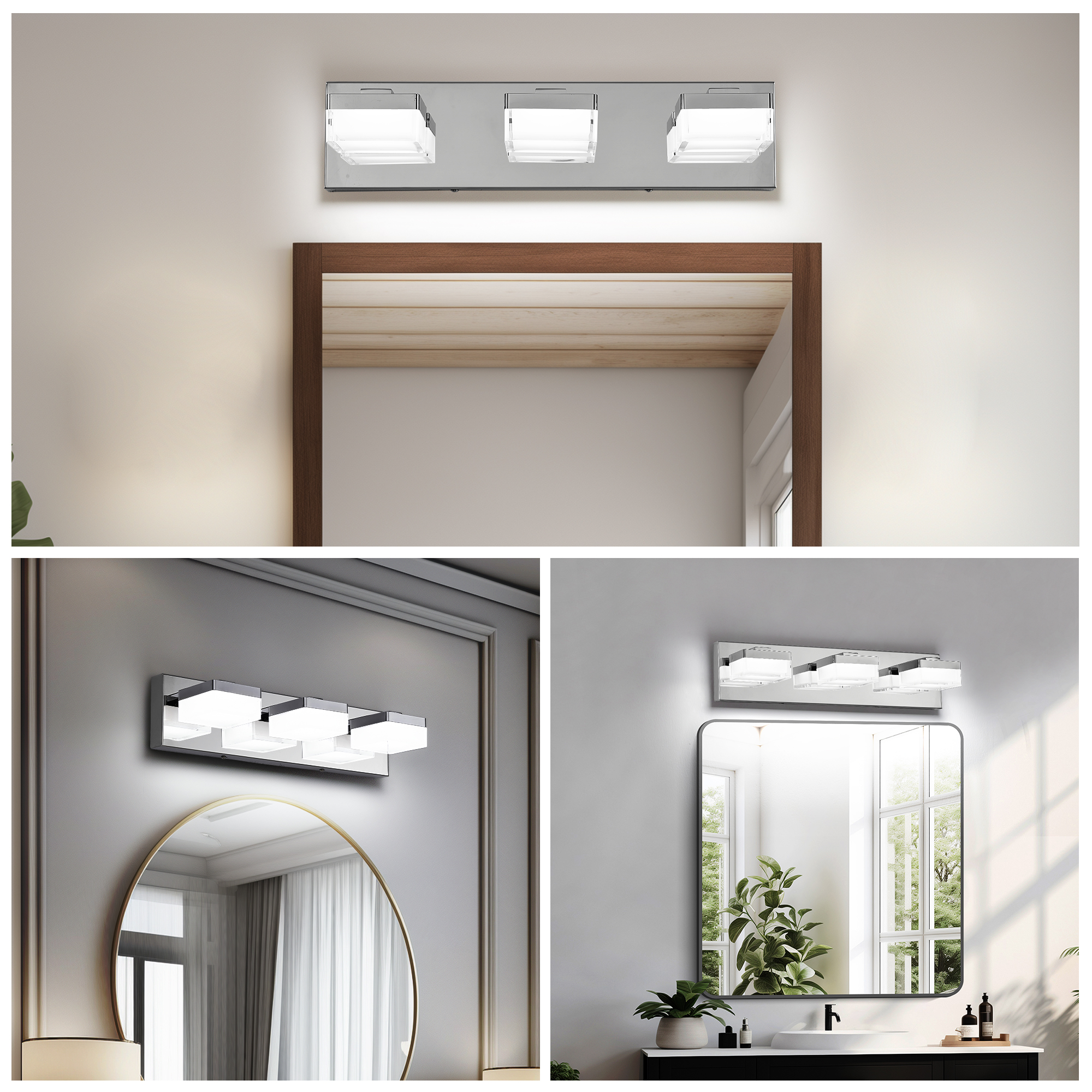 3 Light LED Modern Bathroom Lighting Fixtures Over Mirror 18.1in Dimmable Bathroom Vanity Light Fixture Chrome