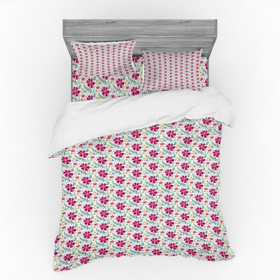 Floral Duvet Cover Set, Vivid and Vintage Flowers and Leaves Blossoming in Spring Season, Bedding Set with Shams and Fitted Sheet, 3 Sizes, by Ambesonne