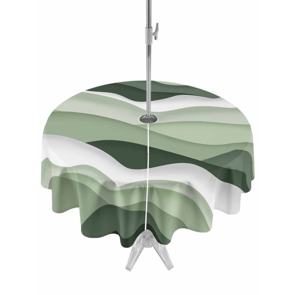 Outdoor Tablecloth with Umbrella Hole and Zipper, Minimalist Modern Stripe Texture Round Waterproof Table Cover 60in Washable Table Cloth for Patio Picnic Party Sage Green and White Gradient