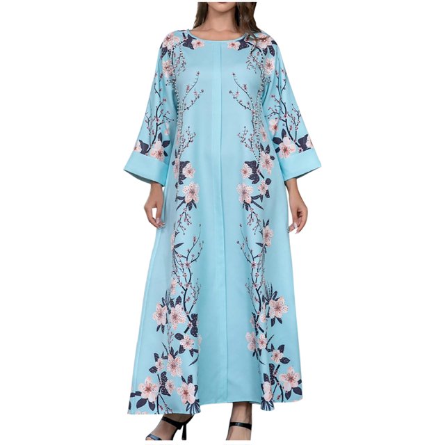 Funicet Robe Longue pour Femmes Été, Robe à Manches Longues, Mode Décontractée Imprimée à Manches Longues Col Rond Robe Cheville, Robe d'Été Décontractée pour Femmes, Robe à Manches 3/4 pour Femmes