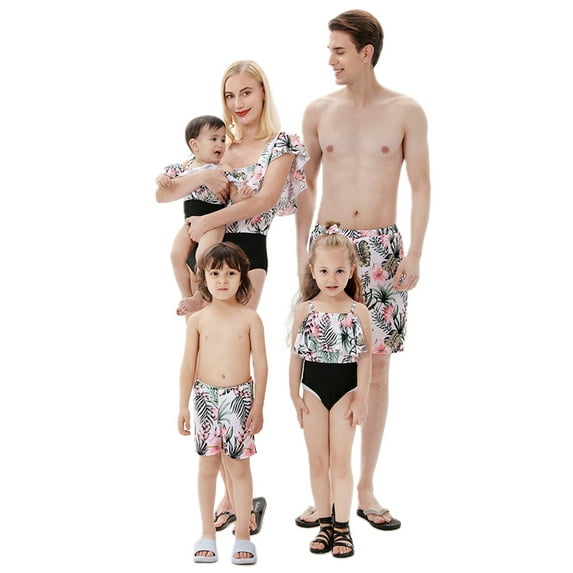 Seyurigaoka Family Matching Summer Swimsuit, Flower Print Mother/Girl/Baby Bodysuit, Father/Boy Shorts Swimwear