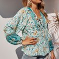 thumbnail image 5 of Defitshape Women's Bohemian Shirts Boho Summer Long Sleeve Tops V Neck Blouse Flower Flowy Print Swing Printed Drawstring Tshirt Blue Medium, 5 of 5