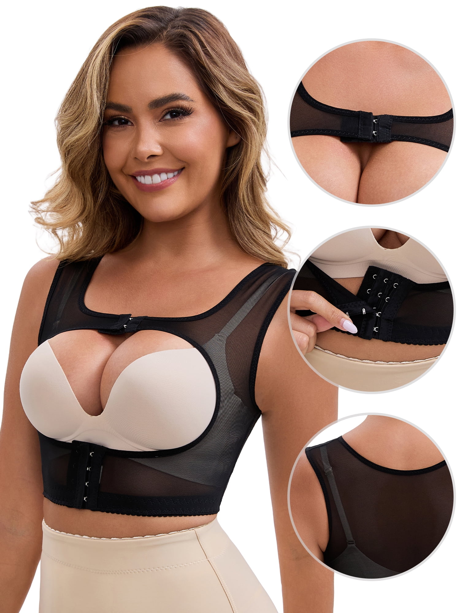 DARING DIVA Front Closure Shapewear Tank Tops Push Up Posture Corrector M Black