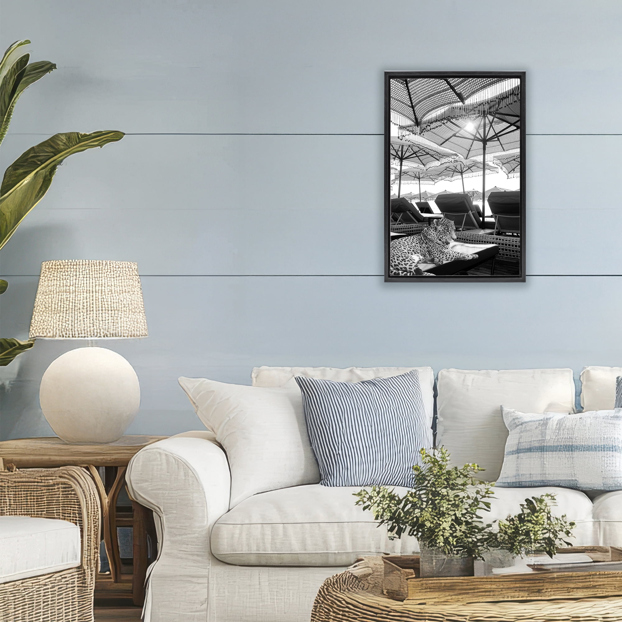 Stupell Industries Leopard On Tropical Vacation Black Framed Floater Canvas Wall Art, design by Grotto Studios