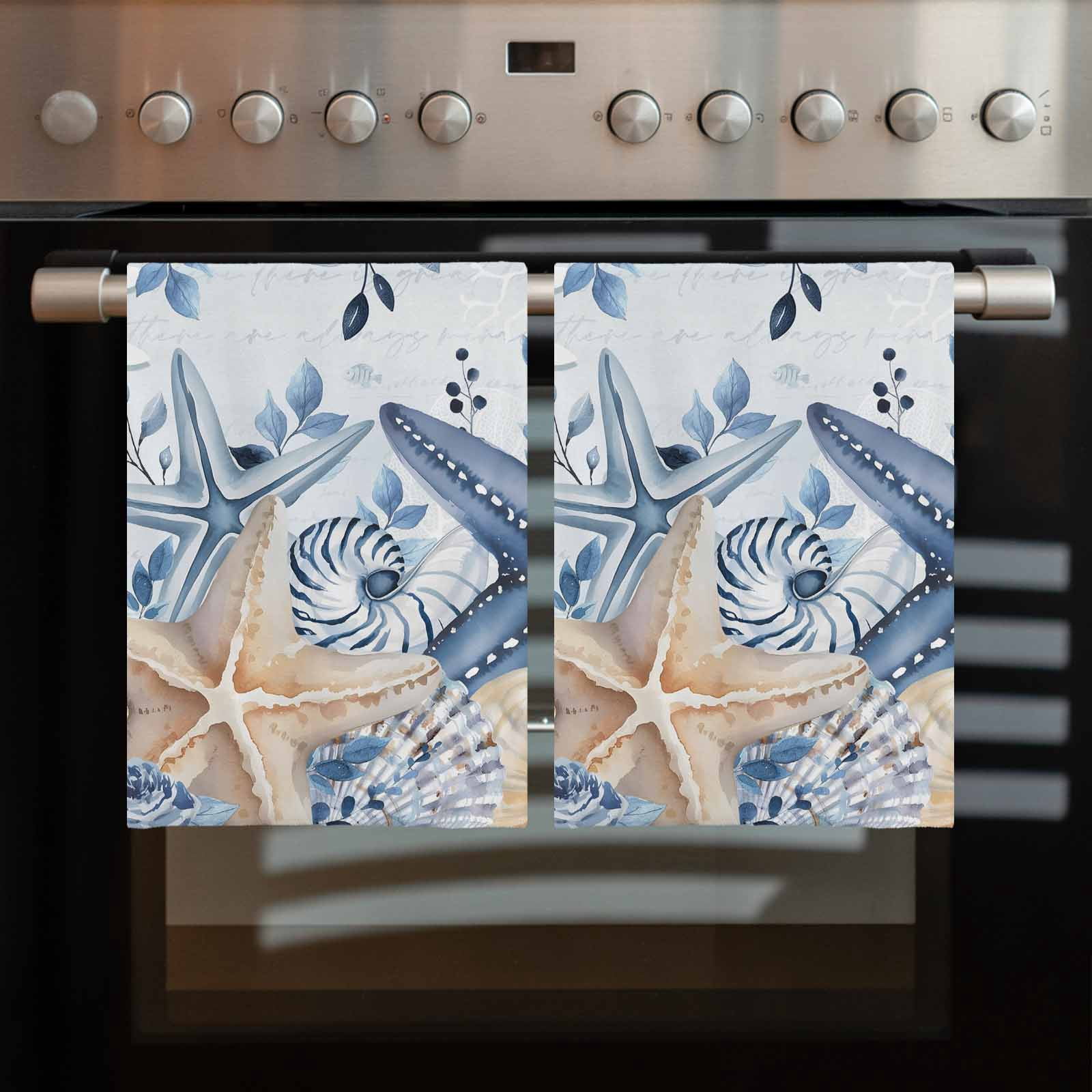Blue Starfish Coastal Kitchen Towels Set of 2, Water Absorbent Dish Towel, Eucalyptus Summer Nautical Shell Decorative Hand Towels - Quick Drying Cloth for Cooking Baking, 18x28 Inch