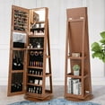 thumbnail image 3 of Giantex 360° Swivel Jewelry Cabinet, Lockable Jewelry Armoire w/Full-Length Mirror & 3-Color LED Lights, Freestanding Jewelry Organizer w/Inside Mirror, Foldable Shelf, Brown, 3 of 10