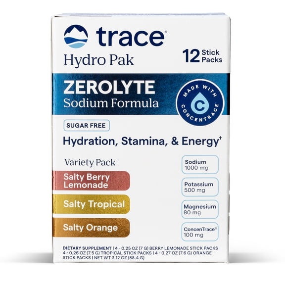 Trace Minerals Hydro Pak Zerolyte Electrolyte Drink Mix Variety Pack for Hydration, Stamina and Energy, Berry Lemonade, Tropical and Orange