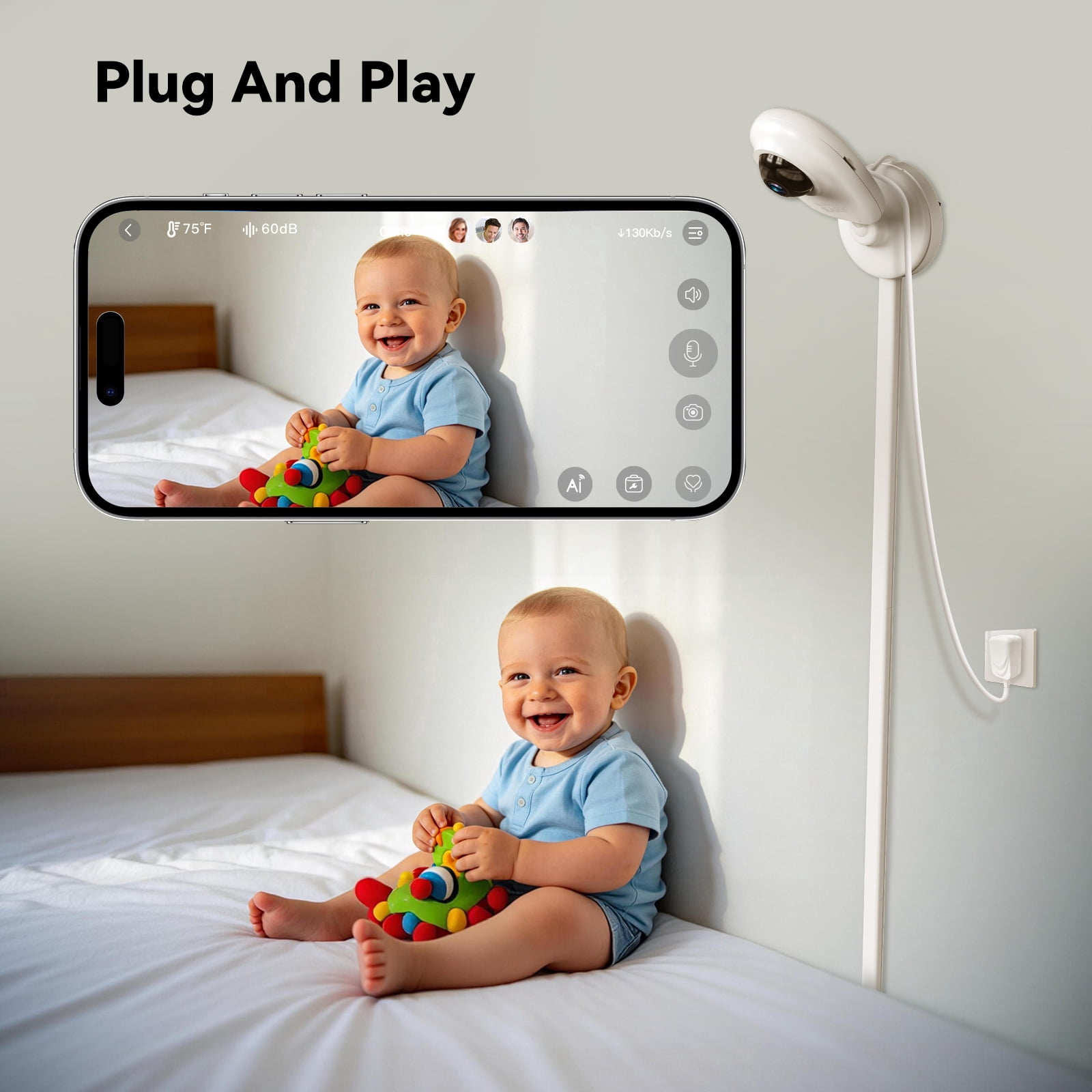 Smart AI Baby Monitor,1080P Baby Room Camera, APP,AI Detection,Cry Monitor,Lullabies,Night Vision,VOX,Two-Way Audio,Cloud & SD Card Storage,Wall Mount,Temperature Sensor,Support Smart Watch