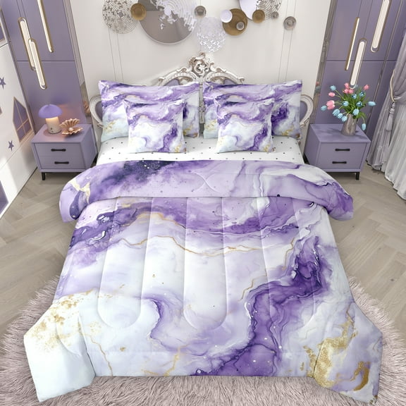 Manfei Adult Modern Marbling 7-Piece Twin Bedding Sets, Chic Abstract Marble Bedding Comforter Set, White Purple Fashion Reversible Sheet Sets, Breathable Home Decor