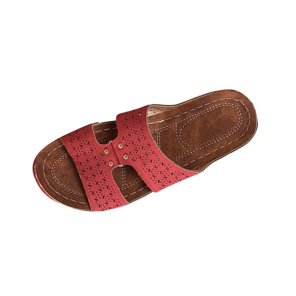 ShiShine Womens Perforated Stud Detail Dual Strap Wedge Slide Sandals Summer Comfort Casual Fresh Shoes